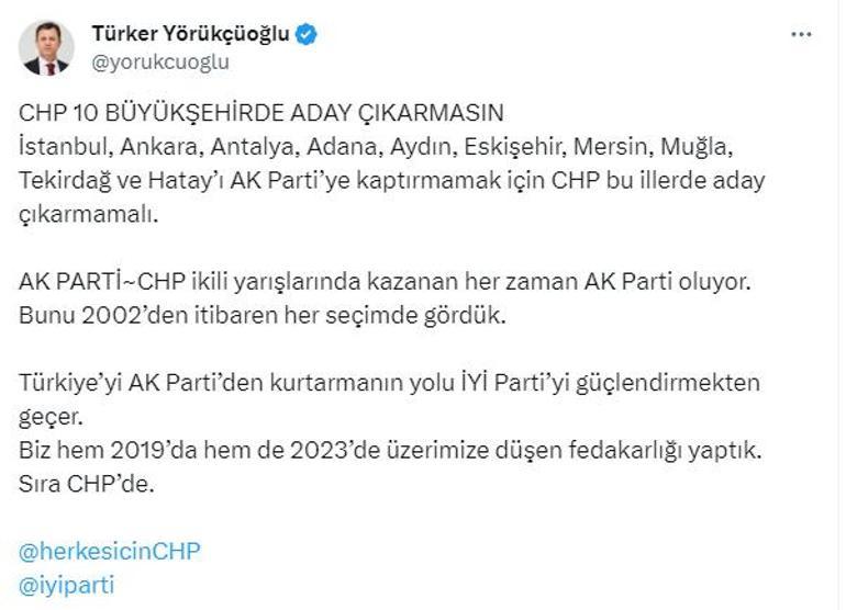 İyi Parti'den CHP'ye '10 ilde aday çıkarmayın' teklifi: Fedakarlık sırası sizde