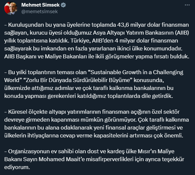 Bakan Şimşek'ten AIIB açıklaması: 4 milyar dolar finansman sağlandı