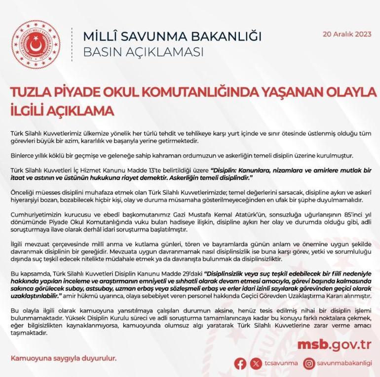 Tuzla Piyade Okulu'nda yaşanan olayla ilgili MSB'den son dakika açıklaması