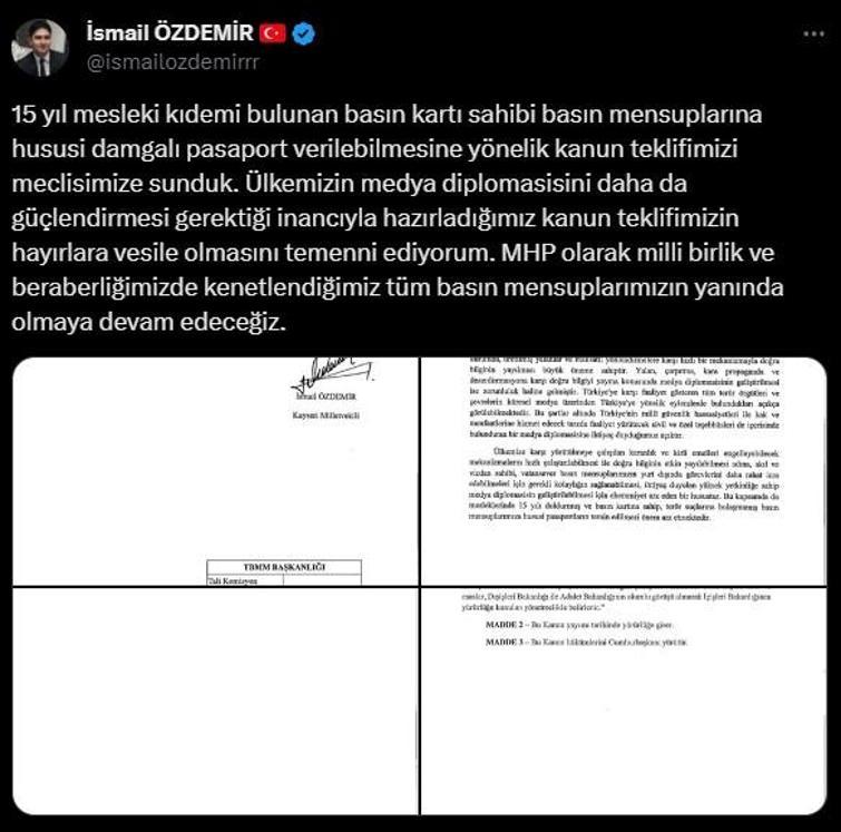 MHP'li Özdemir: Gazetecilere Yeşil Pasaport Meclis'e sunuldu