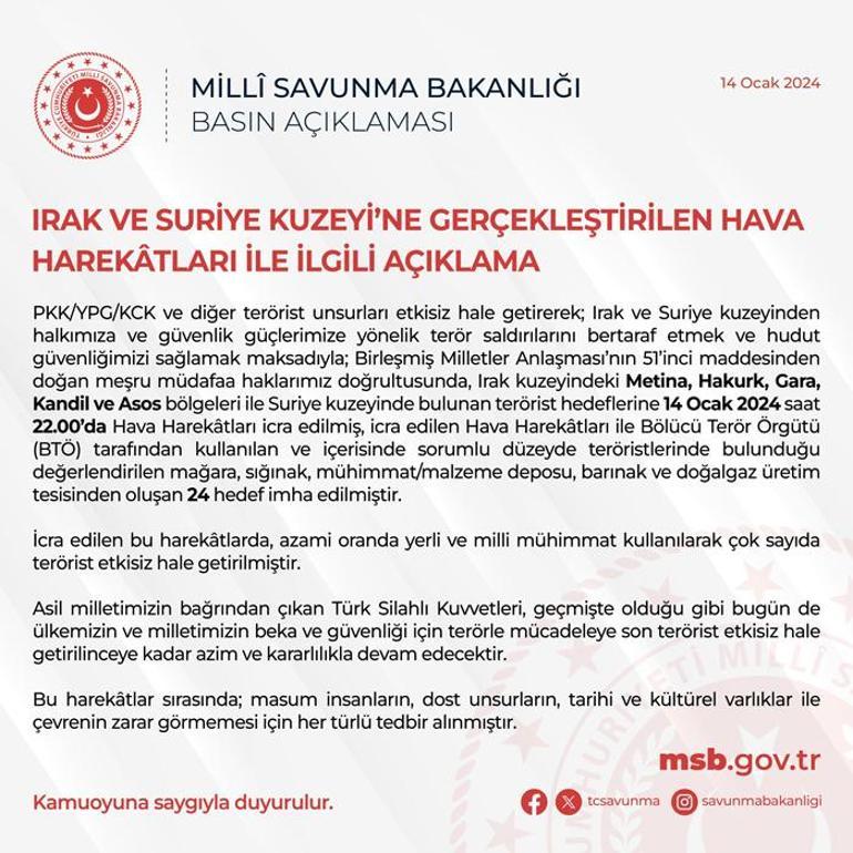 Son dakika: 24 terör hedefi imha edildi! MSB: Terör örgütü PKK’ya Pençe vurmaya devam ediyoruz!