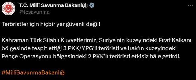 MSB açıkladı! İki bölgede 5 PKK'lı etkisiz hale getirildi